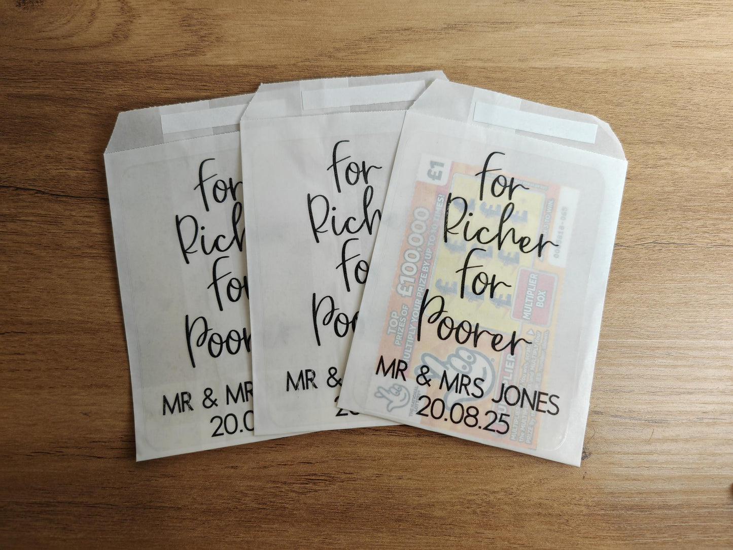 Scratch card holder wedding favours - glassine bags