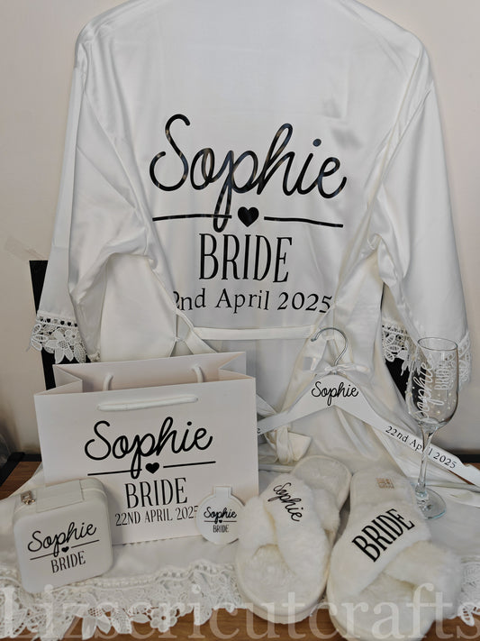 Bride/Bridesmaid Bundle/Proposal gift or Thank you gift - Robe, Bag, Hanger, Glass, Jewellery box, compact mirror & plush slippers