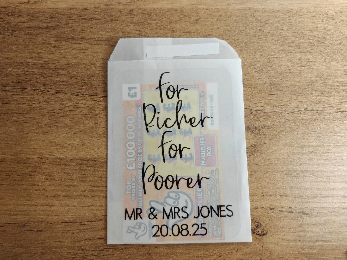 Scratch card holder wedding favours - glassine bags