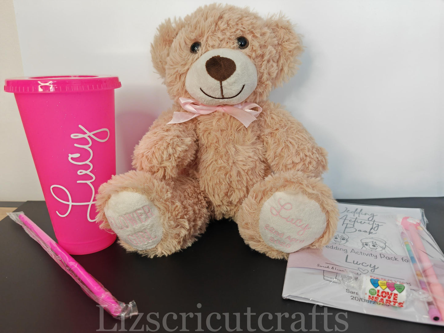 Page Boy / Flower girl gift set, Brown bear wedding gift with cold cup and activity book. Children's wedding gift