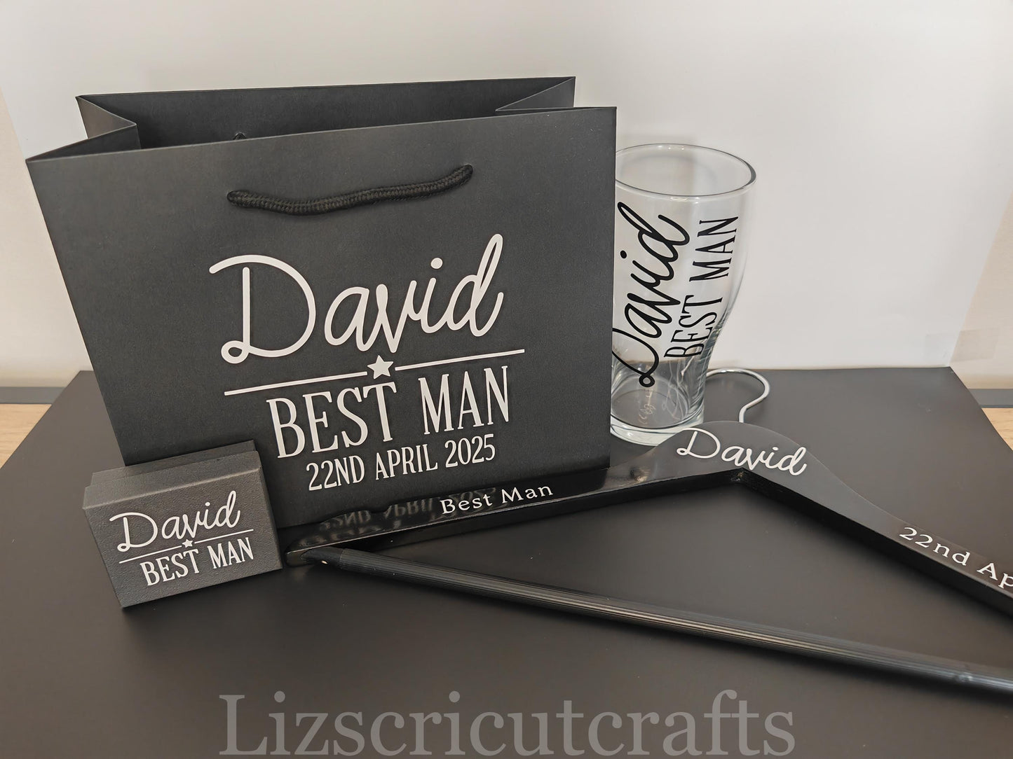 Groom/ Best Man/ Groomsmen Gift set wedding day Bundle - Gift Bag, Hanger, Beer Glass, Cufflink box