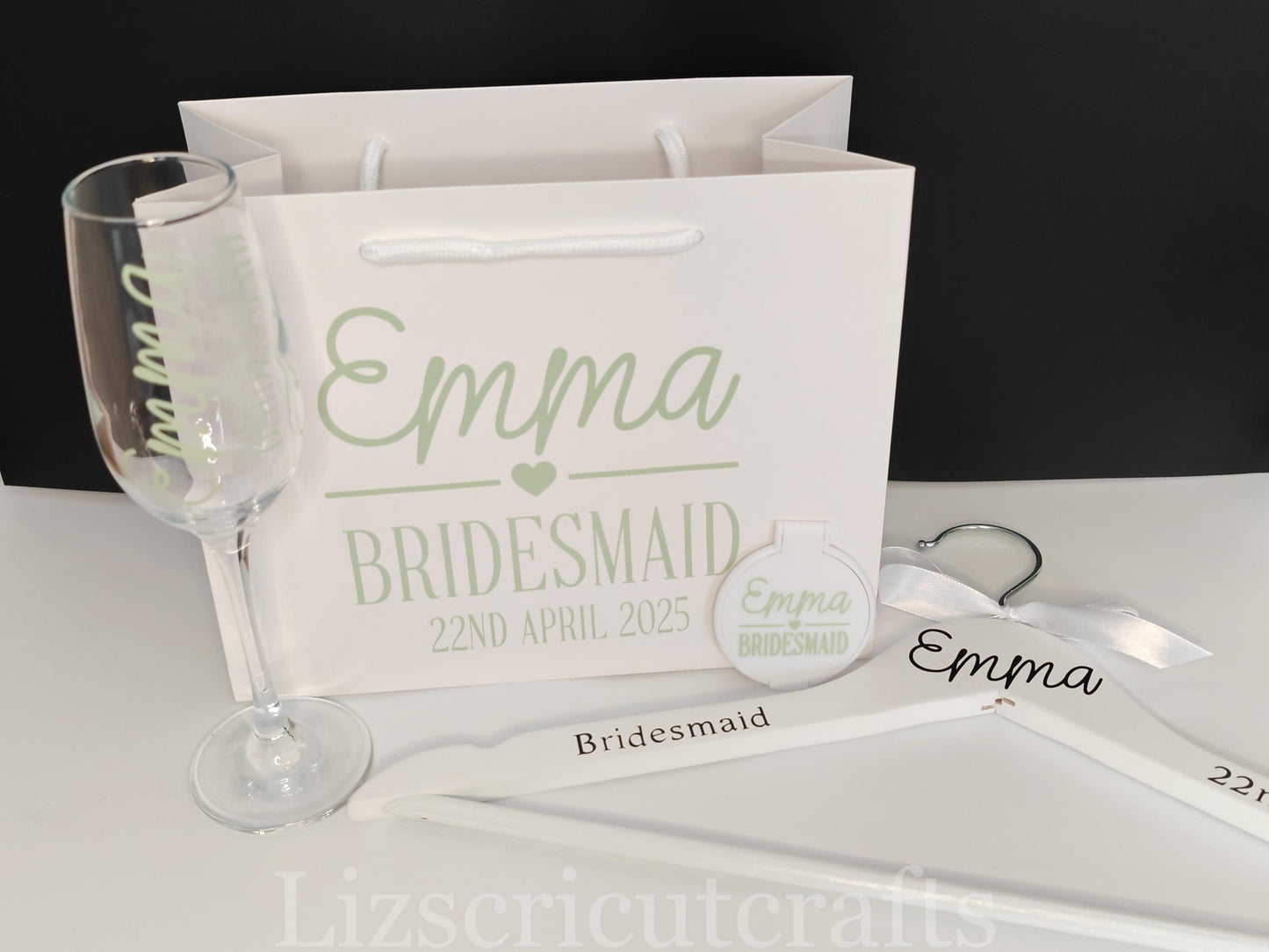 Bridesmaid gift set Bundle/Proposal gift or Thank you gift/Wedding morning gift - Gift Bag, Hanger, Glass, Compact Mirror