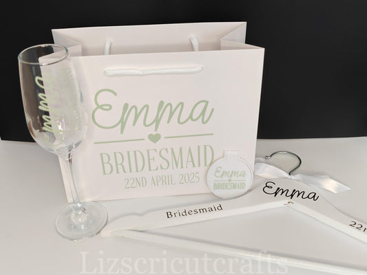 Bridesmaid gift set Bundle/Proposal gift or Thank you gift/Wedding morning gift - Gift Bag, Hanger, Glass, Compact Mirror