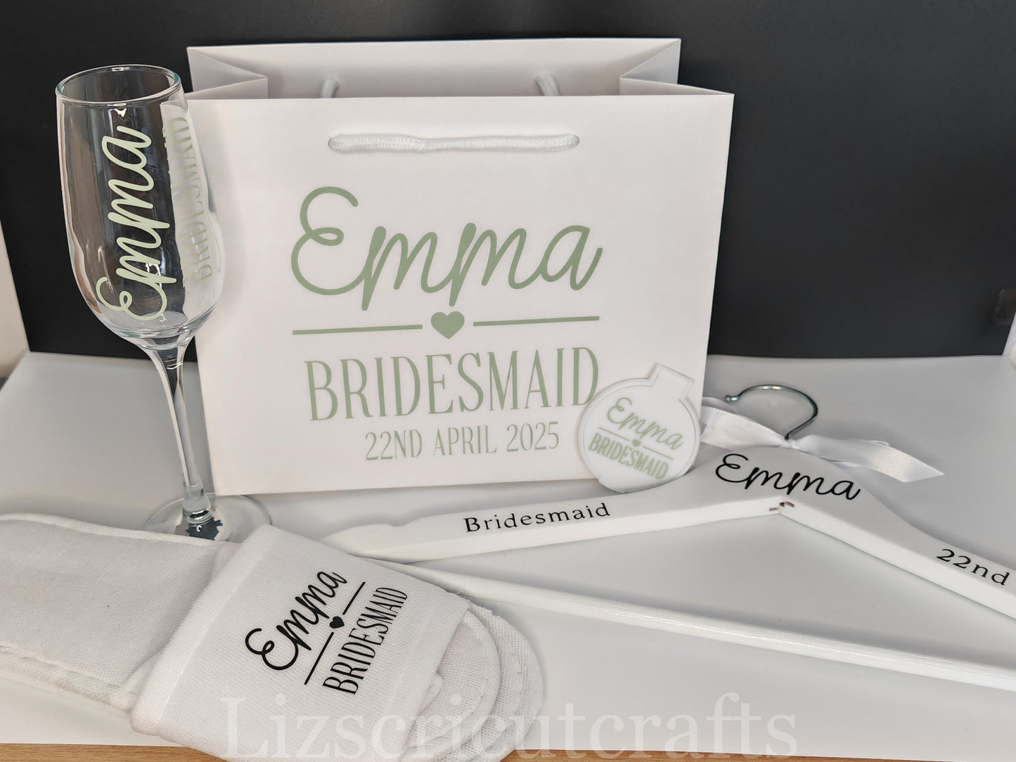 Bridesmaid gift set Bundle/Proposal gift or Thank you gift - Gift Bag, Hanger, Champagne Glass, compact mirror & Spa slippers