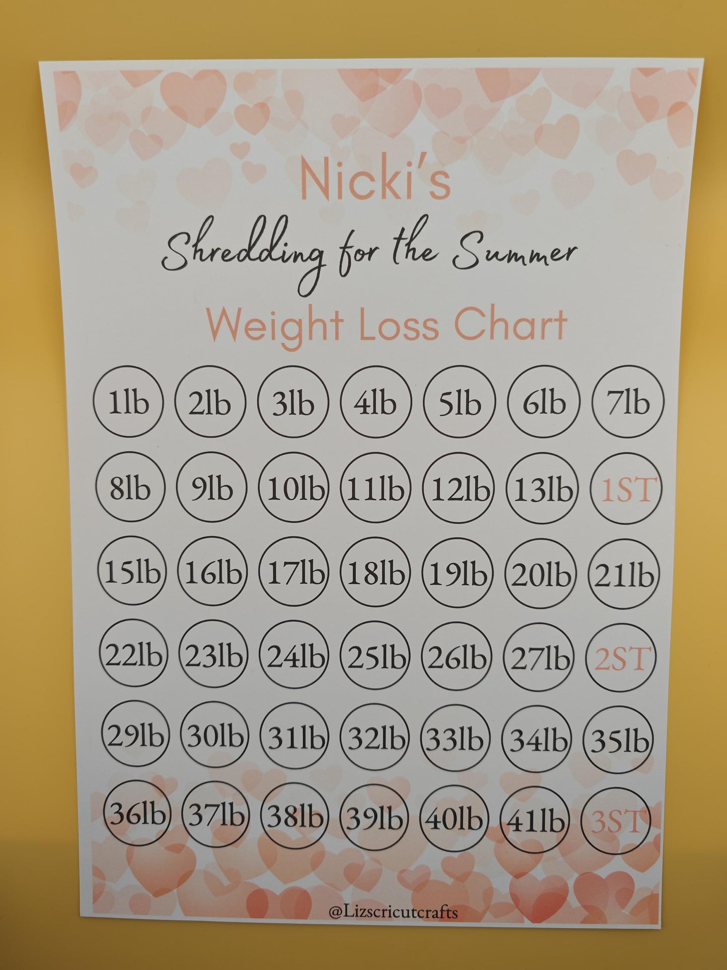 Weight loss target Tracker chart - gold stars included to mark your progress