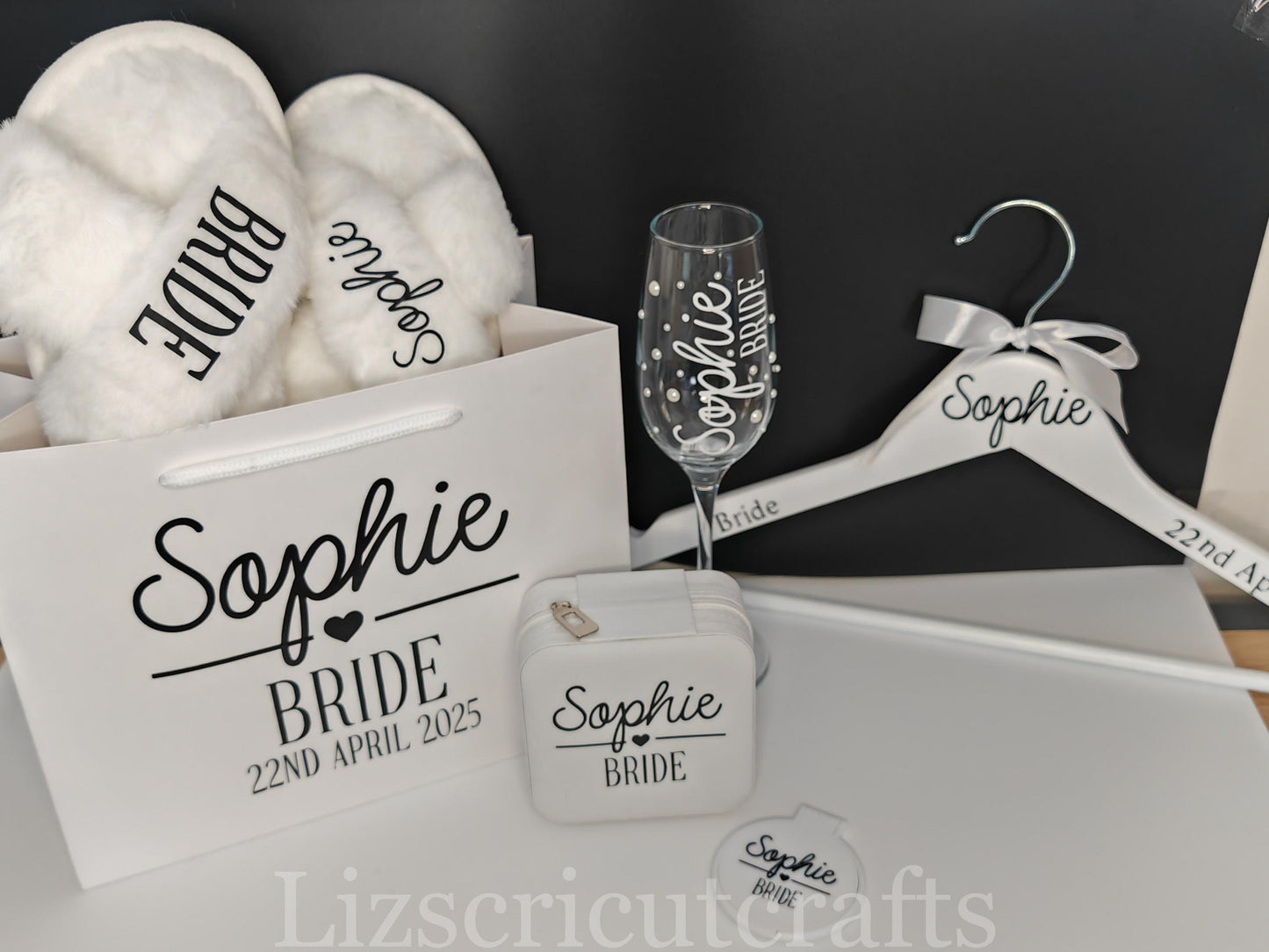 Bridesmaid gift set Bundle/Proposal gift or Thank you gift - Bag, Hanger, Champagne Glass, compact mirror, Jewellery box & plush slippers