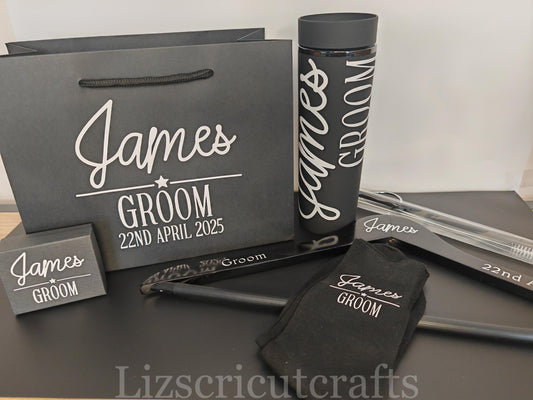 Groom/ Best Man/ Groomsmen Gift set wedding day Bundle - Gift Bag, Hanger, Tumbler, Cufflink box, Socks