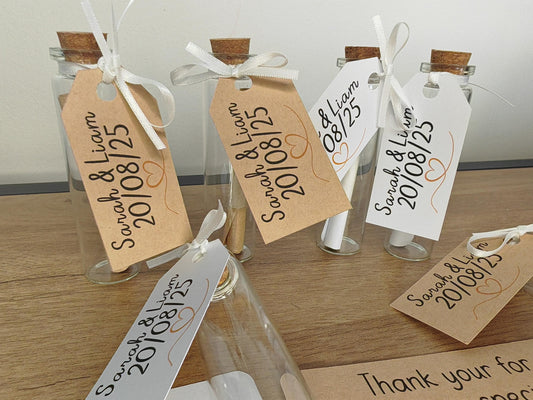 Message in a bottle - glass wedding favour with tag