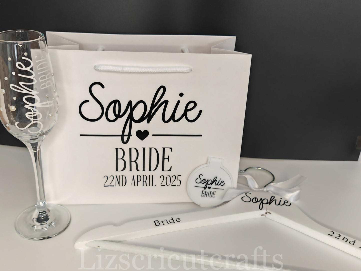 Bridesmaid gift set Bundle/Proposal gift or Thank you gift - Gift Bag, Hanger, Champagne Glass, compact mirror & Spa slippers