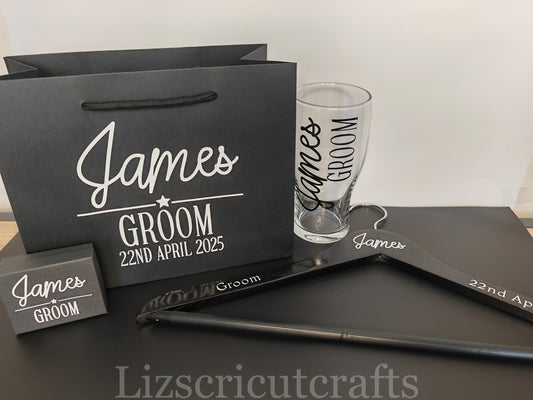 Groom/ Best Man/ Groomsmen Gift set wedding day Bundle - Gift Bag, Hanger, Beer Glass, Cufflink box