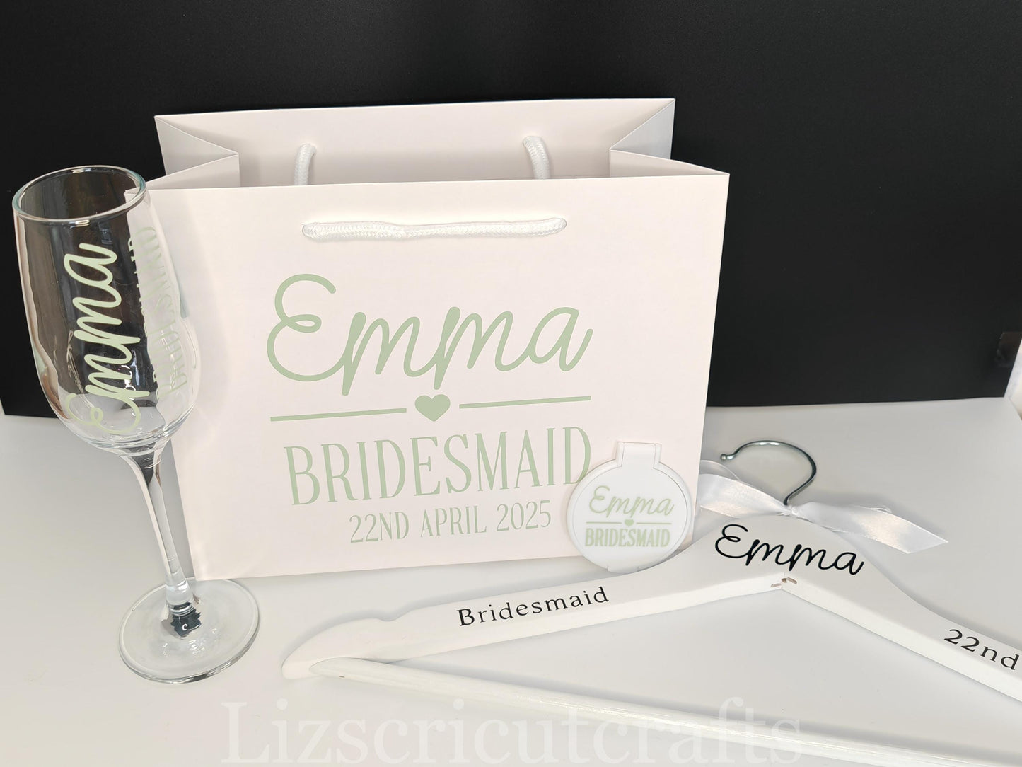 Bridesmaid gift set Bundle/Proposal gift or Thank you gift/Wedding morning gift - Gift Bag, Hanger, Glass, Compact Mirror