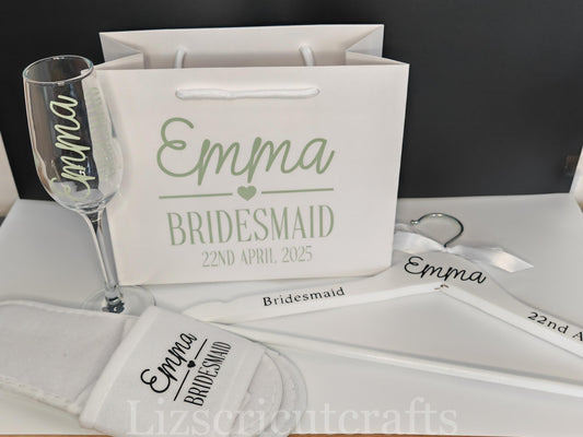 Bridesmaid gift set Bundle/Proposal gift or Thank you gift/Wedding morning gift - Gift Bag, Hanger, Champagne Glass & Spa slippers