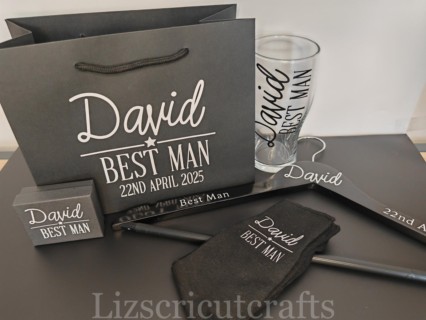 Groom/ Best Man/ Groomsmen Gift set wedding day Bundle - Gift Bag, Hanger, Beer Glass, Cufflink box, Socks