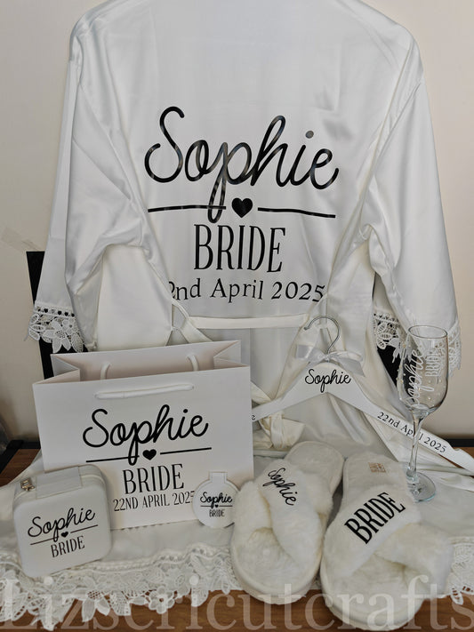 Bride/Bridesmaid Bundle/Proposal gift or Thank you gift - Robe, Bag, Hanger, Glass, Jewellery box, compact mirror & plush slippers
