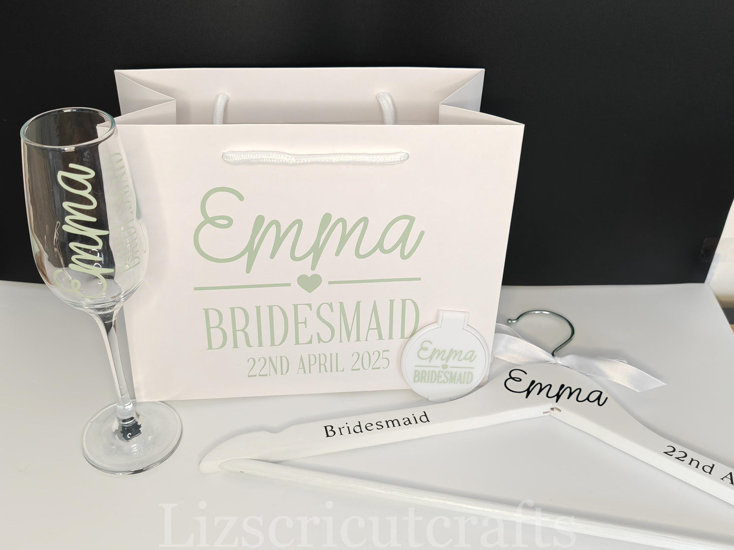 Bridesmaid gift set Bundle/Proposal gift or Thank you gift/Wedding morning gift - Gift Bag, Hanger, Glass, Compact Mirror