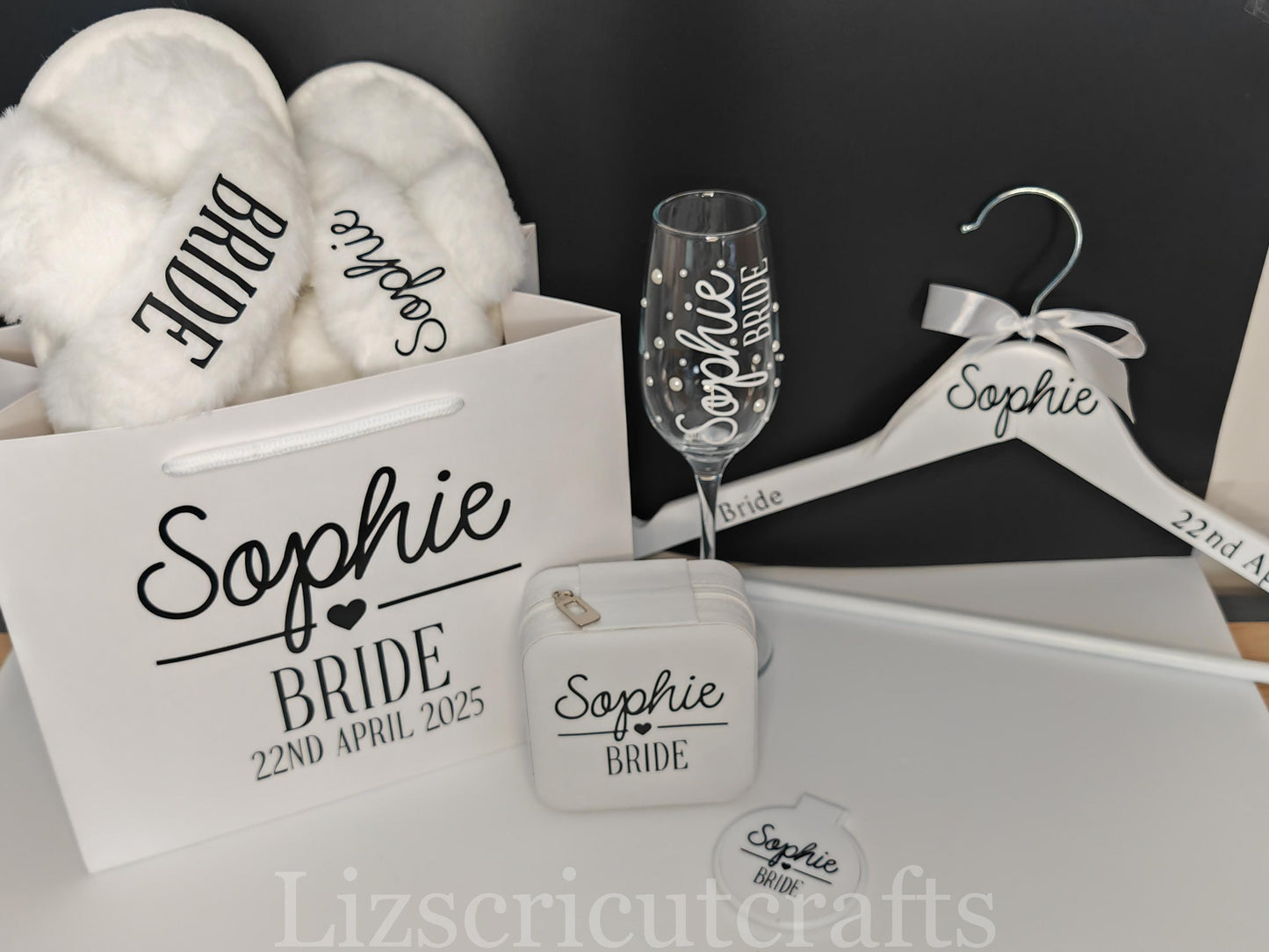 Bridesmaid gift set Bundle/Proposal gift or Thank you gift - Bag, Hanger, Champagne Glass, compact mirror, Jewellery box & plush slippers
