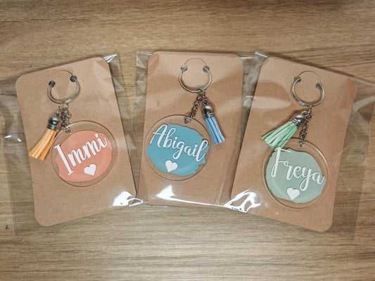 Key rings - Personalised Name acrylic keyrings with coloured tassel