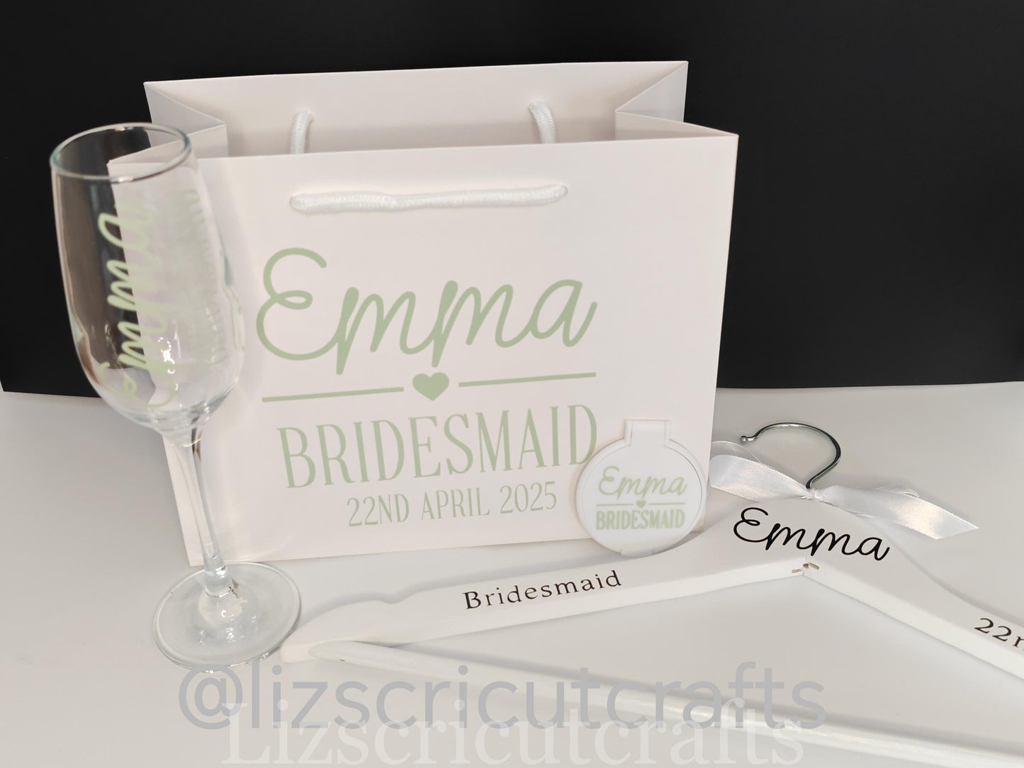 Bridesmaid gift set Bundle/Proposal gift or Thank you gift/Wedding morning gift - Gift Bag, Hanger, Glass, Compact Mirror