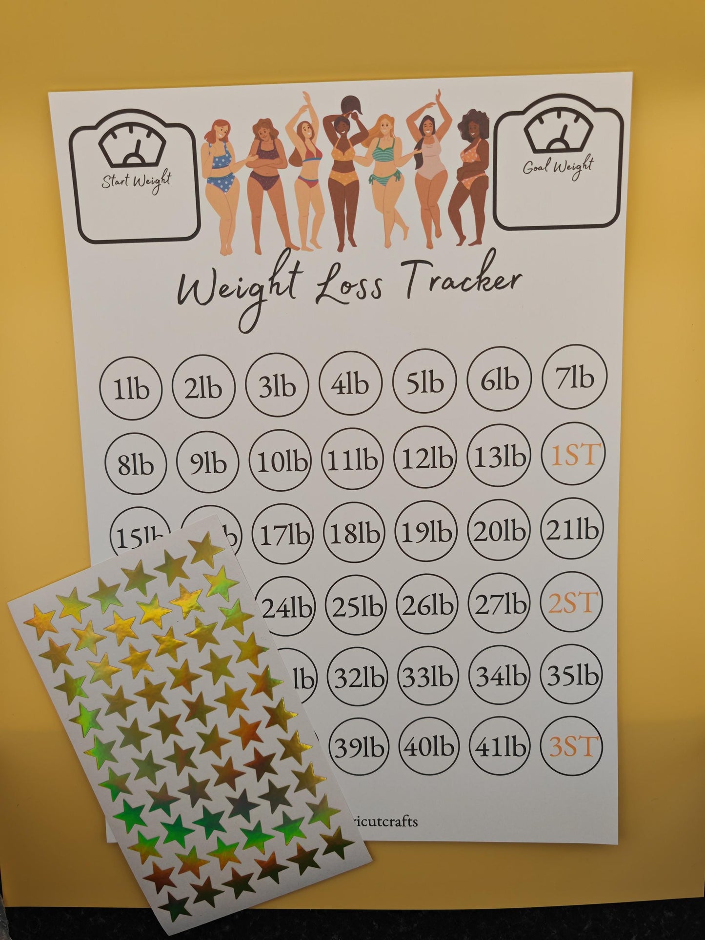Weight loss target Tracker chart - gold stars included to mark your progress