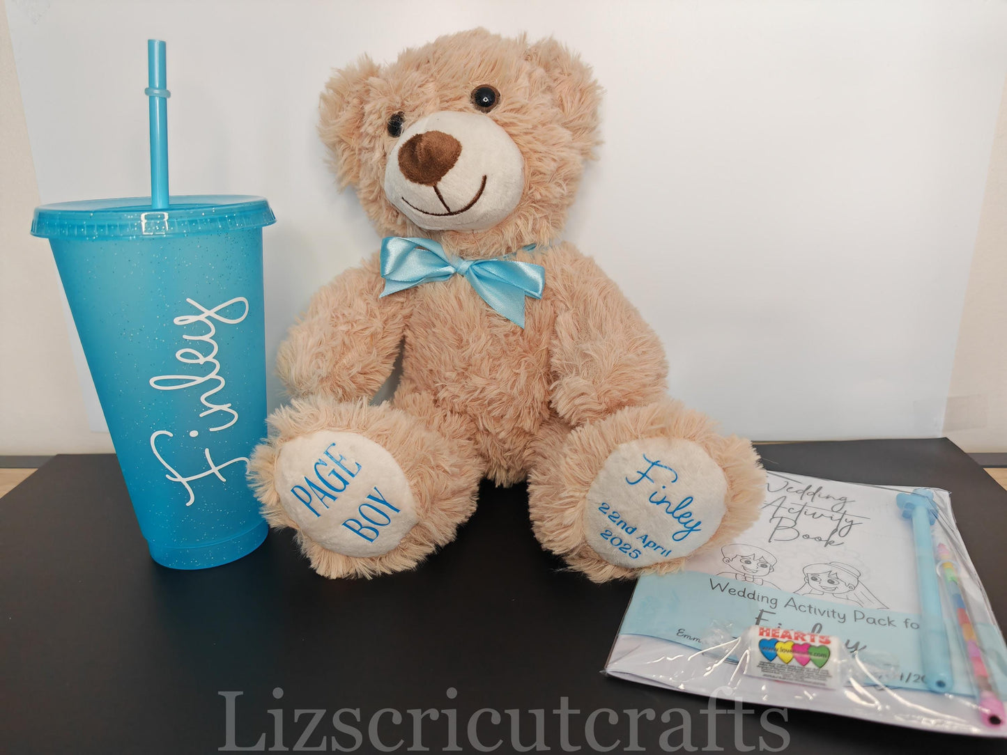 Page Boy / Flower girl gift set, Brown bear wedding gift with cold cup and activity book. Children's wedding gift