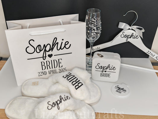 Bridesmaid gift set Bundle/Proposal gift or Thank you gift - Bag, Hanger, Champagne Glass, compact mirror, Jewellery box & plush slippers