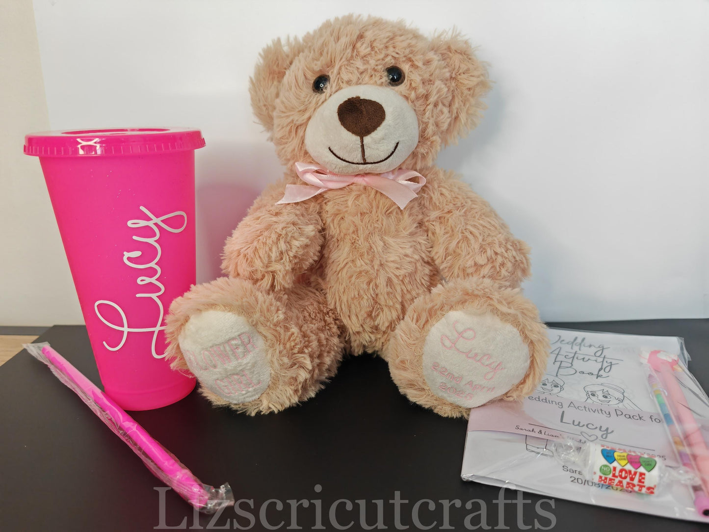 Page Boy / Flower girl gift set, Brown bear wedding gift with cold cup and activity book. Children's wedding gift