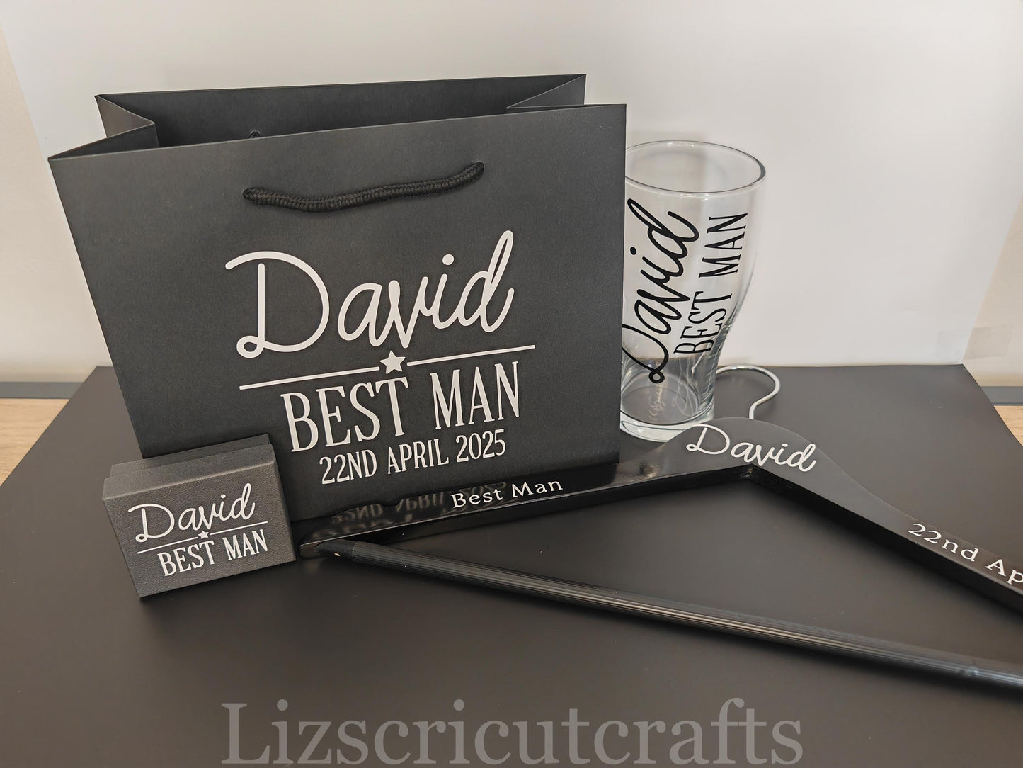 Groom/ Best Man/ Groomsmen Gift set wedding day Bundle - Gift Bag, Hanger, Beer Glass, Cufflink box