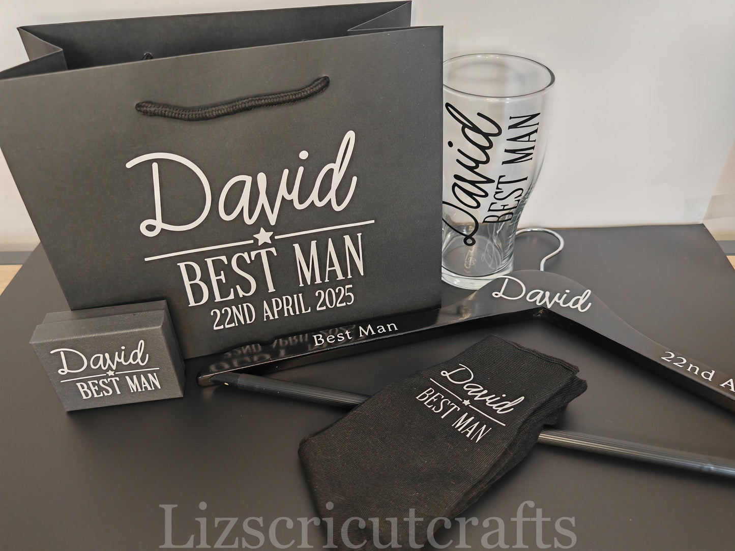 Groom/ Best Man/ Groomsmen Gift set wedding day Bundle - Gift Bag, Hanger, Beer Glass, Cufflink box, Socks