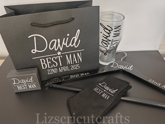 Groom/ Best Man/ Groomsmen Gift set wedding day Bundle - Gift Bag, Hanger, Beer Glass, Cufflink box, Socks