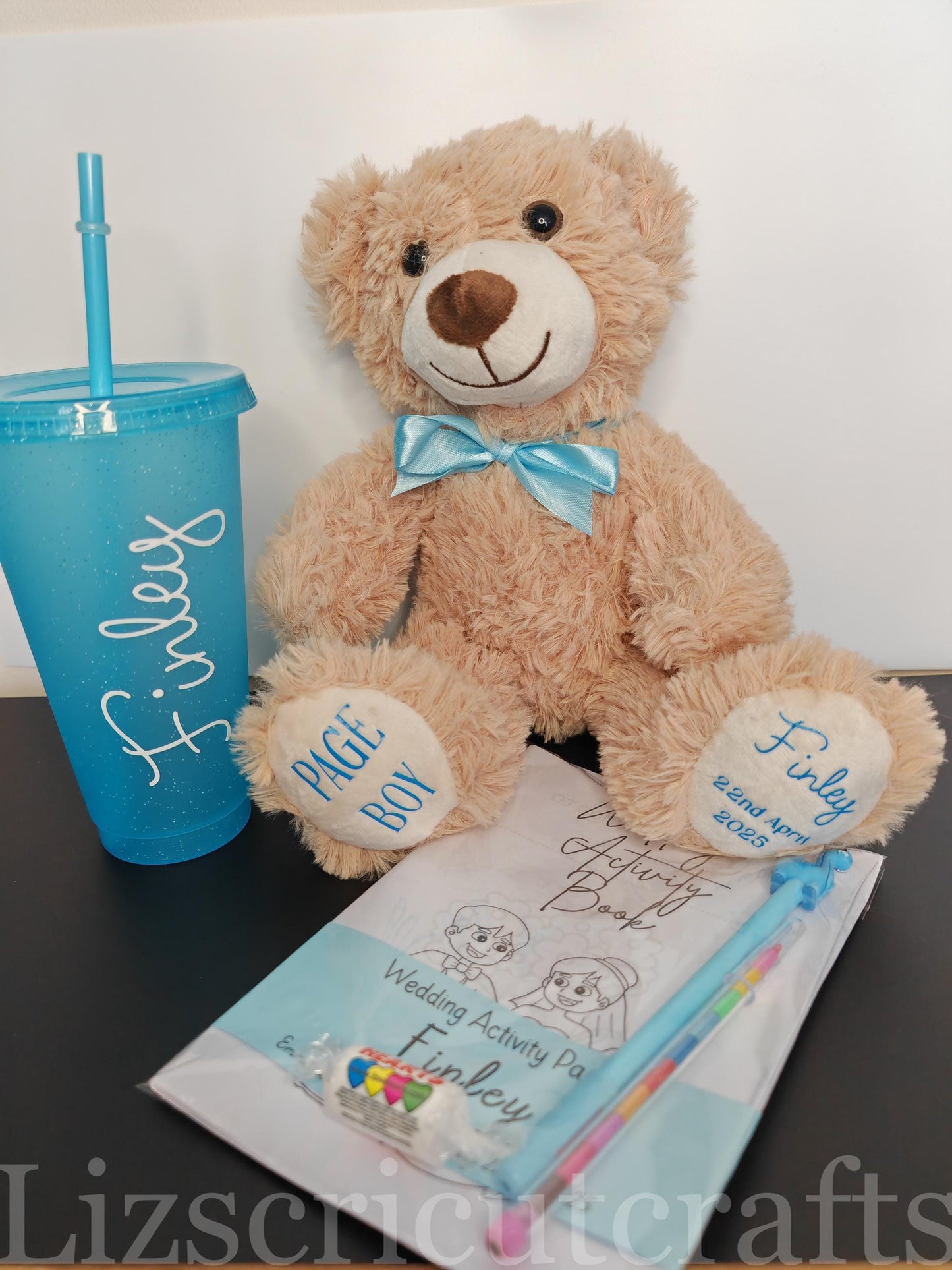 Page Boy / Flower girl gift set, Brown bear wedding gift with cold cup and activity book. Children's wedding gift